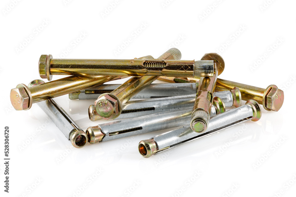 Naklejka premium Screw-bolt metallic anchors with yellow zinc coating for concrete. , Expansion Anchor, Concrete anchor bolt. Close-up.