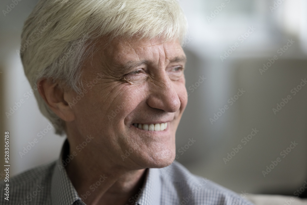 Happy mature grey haired man looking away with toothy smile, thinking, dreaming, feeling joy. Face of joyful dreamy elder 70s grandpa with wrinkles close up portrait. Elderly ag Happy mature grey haired man looking away with toothy smile, thinking, dreaming, feeling joy. Face of joyful dreamy elder 70s grandpa with wrinkles close up portrait. Elderly ag