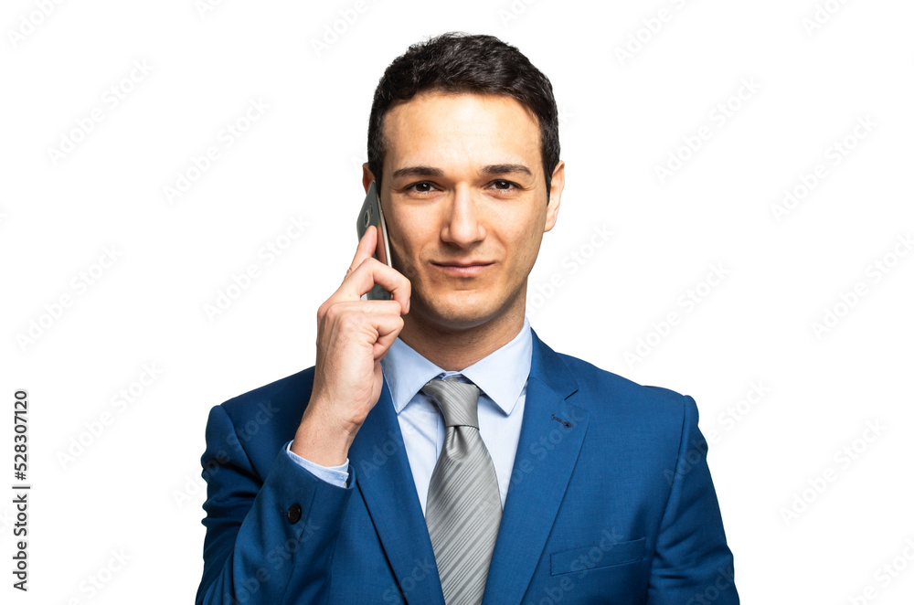 Portrait of a cheerful businessman talking on the phone isolated on a white background Portrait of a cheerful businessman talking on the phone isolated on a white background