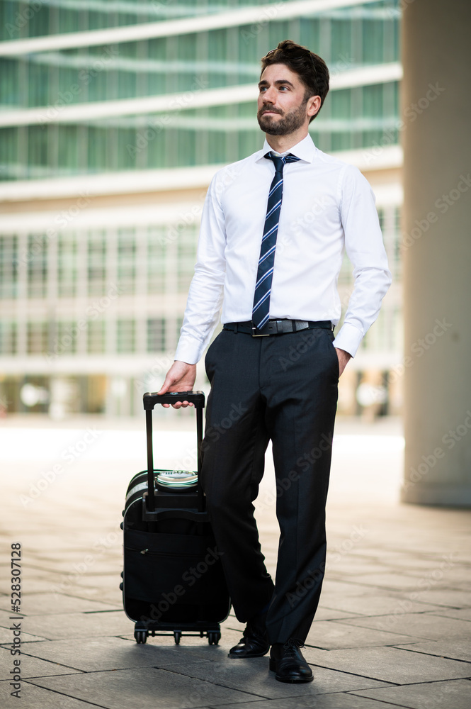 Businessman walking with trolley, business travel