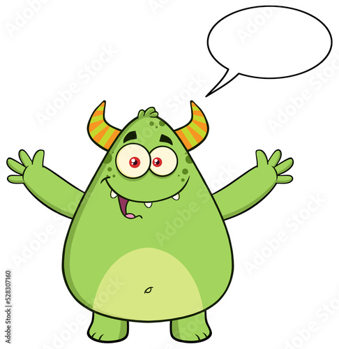 Funny Horned Green Monster Cartoon Character With Welcoming Open Arms And Speech Bubble. Hand Drawn Illustration Isolated On Transparent Background