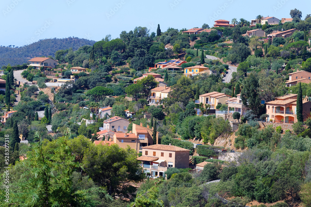 High side view beautiful village in south of France, Bormes les mimosa village.