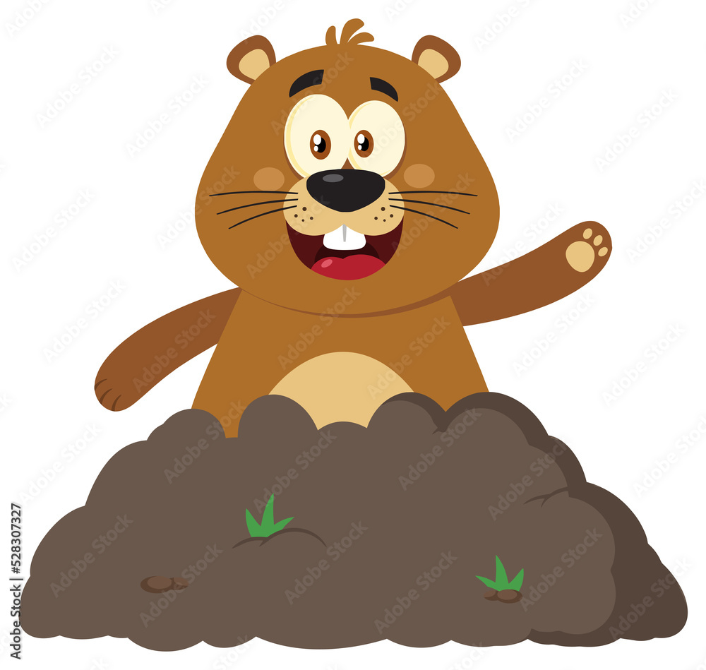 Happy Marmot Cartoon Mascot Character Waving In Groundhog Day. Hand Drawn Illustration Isolated On Transparent Background Happy Marmot Cartoon Mascot Character Waving In Groundhog Day. Hand Drawn Illustration Isolated On Transparent Background