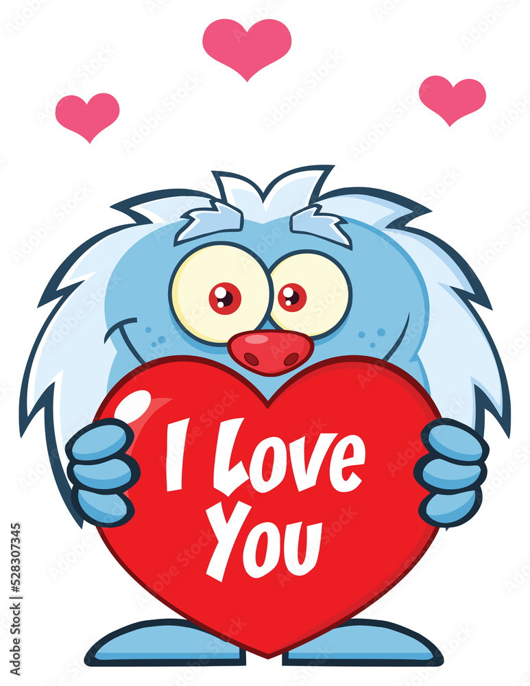 Fototapeta premium Happy Little Yeti Cartoon Mascot Character Over A Valentine Love Heart. Hand Drawn Illustration Isolated On Transparent Background