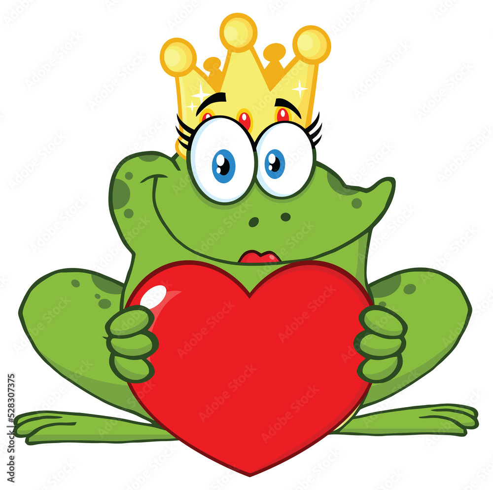 Smiling Princess Frog Cartoon Mascot Character With Crown Holding A Love Heart. Hand Drawn Illustration Isolated On Transparent Background Smiling Princess Frog Cartoon Mascot Character With Crown Holding A Love Heart. Hand Drawn Illustration Isolated On Transparent Background