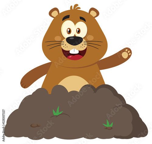 Happy Marmot Cartoon Mascot Character Waving In Groundhog Day. Hand Drawn Illustration Isolated On Transparent Background