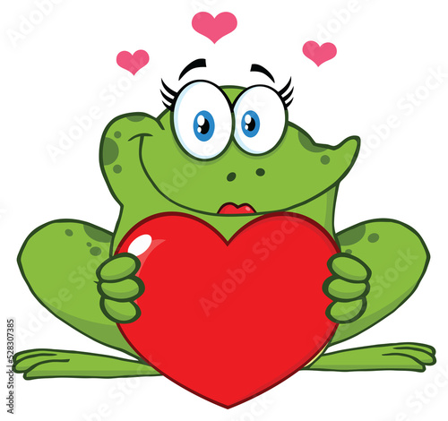 Smiling Frog Female Cartoon Mascot Character Holding A Valentine Love Heart. Hand Drawn Illustration Isolated On Transparent Background