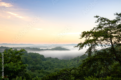 A vista in kentucky overlooking forest hills with fog and clouds. It is summer