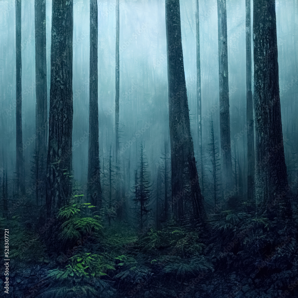 Gloomy, spooky, foggy dark forest landscape. Mysterious horror forest  background. 3D illustration. Illustration Stock | Adobe Stock