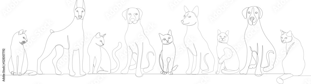 dogs and cats drawing in one continuous line, vector