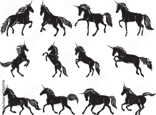 unicorns set black silhouette isolated, vector
