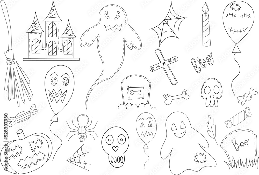set of items for halloween in doodle style, isolated