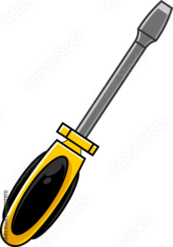 Cartoon Yellow Screwdriver. Hand Drawn Illustration Isolated On Transparent Background