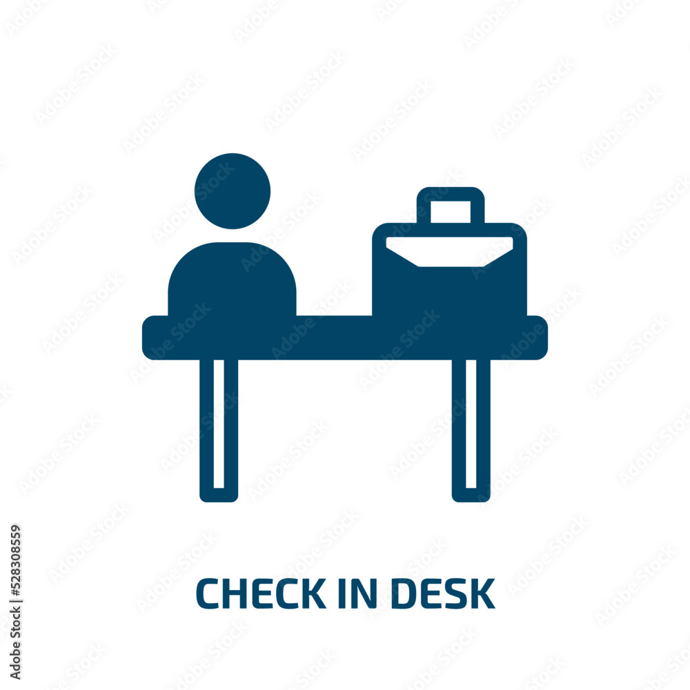 check in desk vector icon. check in desk, desk, check filled icons from flat airport concept. Isolated black glyph icon, vector illustration symbol element for web design and mobile apps