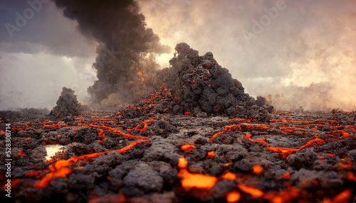 Apocalyptic volcanic landscape with hot flowing lava and smoke and ash clouds. 3D illustration.