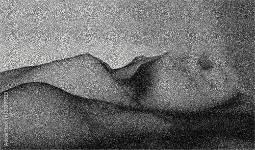Vector landscape of mountain in dotwork style. Stipple illustration design. Old retro dot texture vintage gradient. Pointillism graphic. Grain terrain wallpaper.