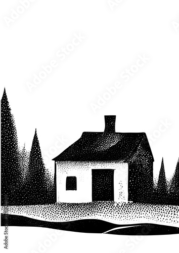 A small rural house on the edge of a coniferous forest, vector black and white illustration.