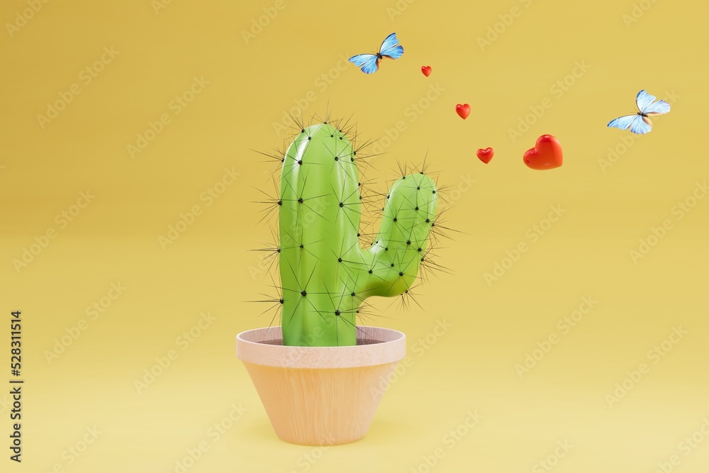 prickly love, sick relationships. a cactus in a pot near which hearts and butterflies fly. 3d render prickly love, sick relationships. a cactus in a pot near which hearts and butterflies fly. 3d render