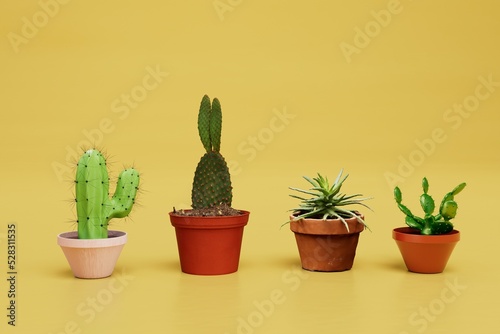 growing cacti at home. different types of cacti in pots on a yellow background. 3d render