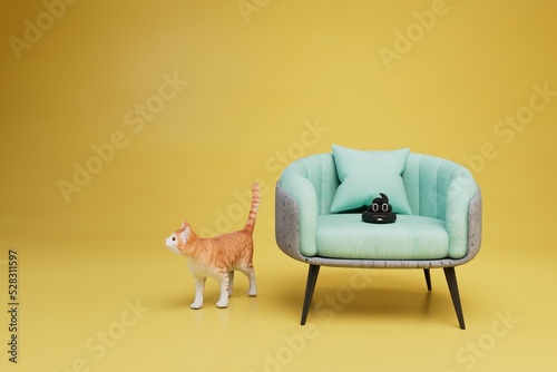 uneducated cat. the cat pooped on the chair. a chair with a poop next to which the outgoing cat. 3d render