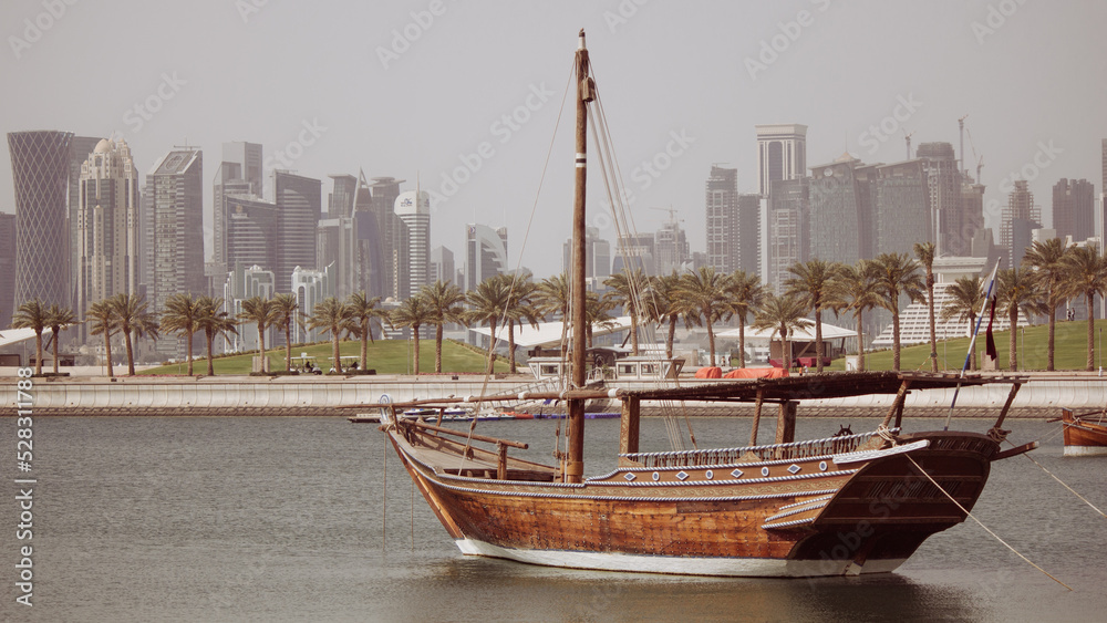 Traditional Fishing boats called dhow at the Qatar Corniche.