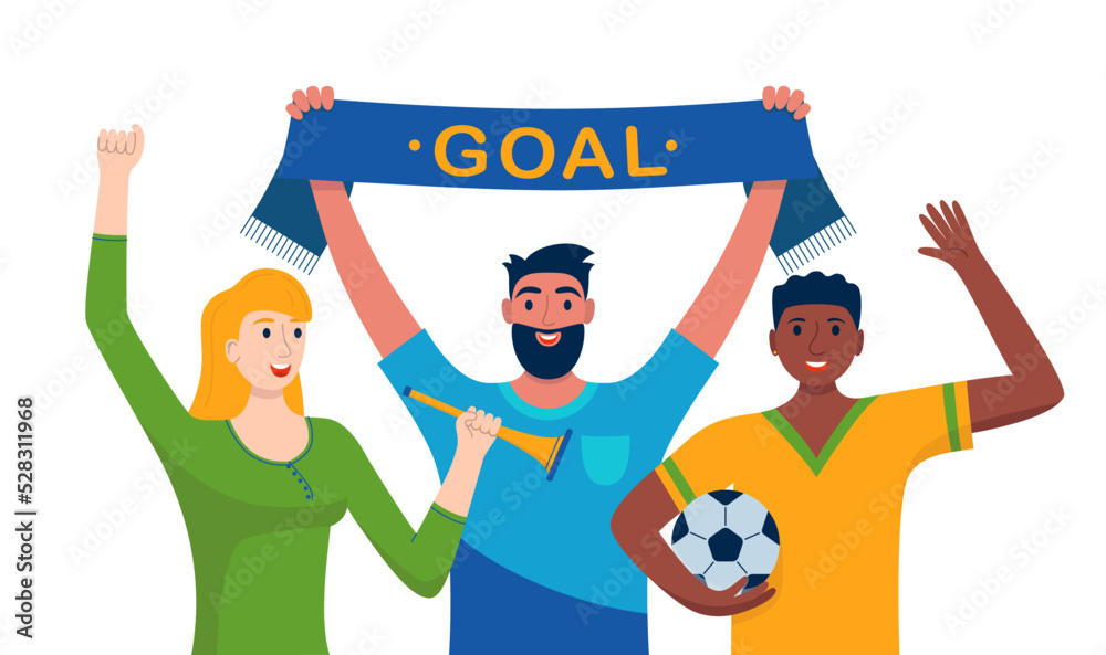 Vecteur Stock Soccer fans with a scarf, vuvuzela and ball isolated on