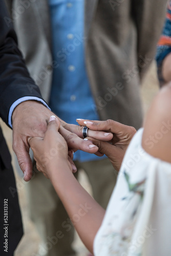 Bride and groom putting rings on each other's fingers during outdoor wedding.