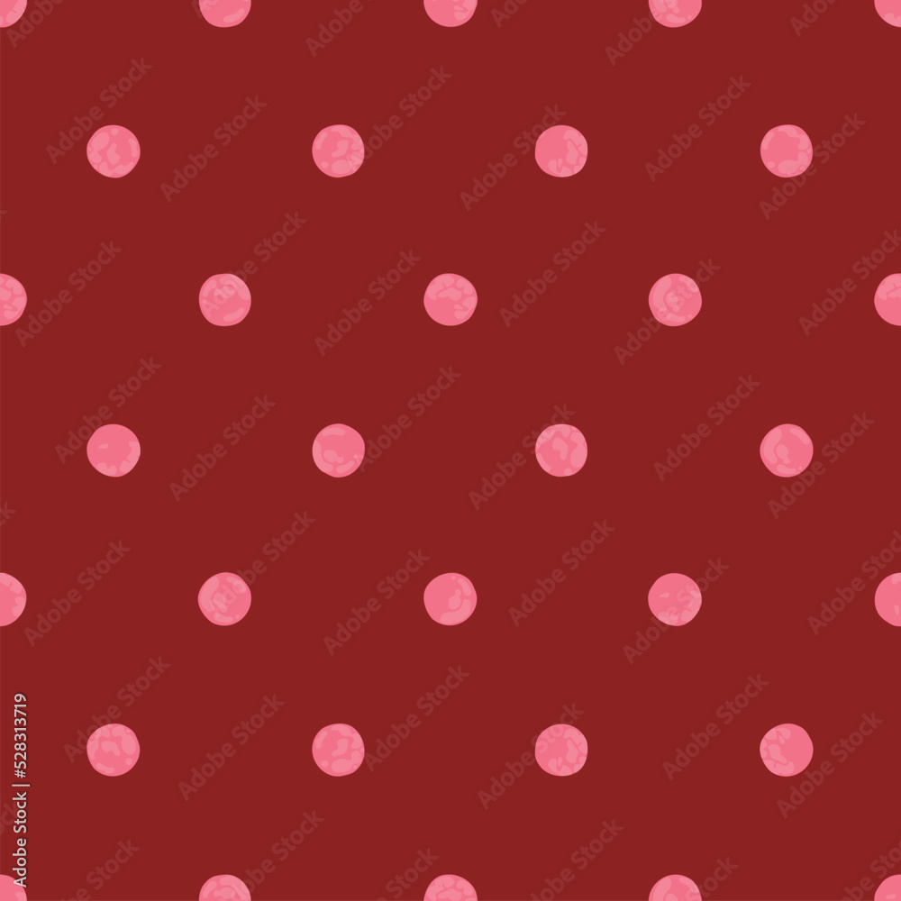 Pink Polka Dot On Maroon Background, Seamless Vector Pattern. Modern Minimalist Art Background, Design For Fabrics, Wrapping Paper, Printing and Fashion.
