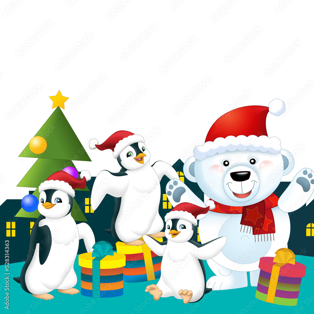 Christmas happy scene with different animals like reindeer and penguins santa and snowman illustration for children