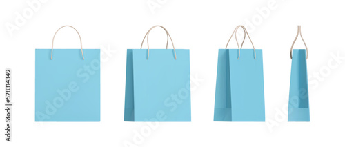 Set of 3d blue paper shopping bags packaging with different angles. Front and side view of retail purchase packaging, blank mockup. Realistic vector illustration isolated