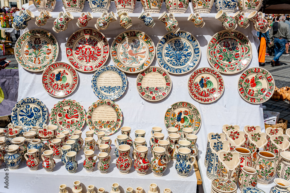 Traditional Romanian handmade ceramics market at the potters fair from Sibiu, Romania Traditional Romanian handmade ceramics market at the potters fair from Sibiu, Romania