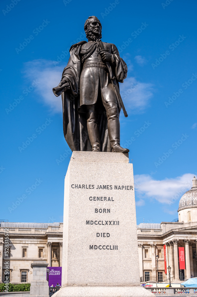 London, UK - August 18, 2022: Trafalgar Square and the Charles James Napier statue.