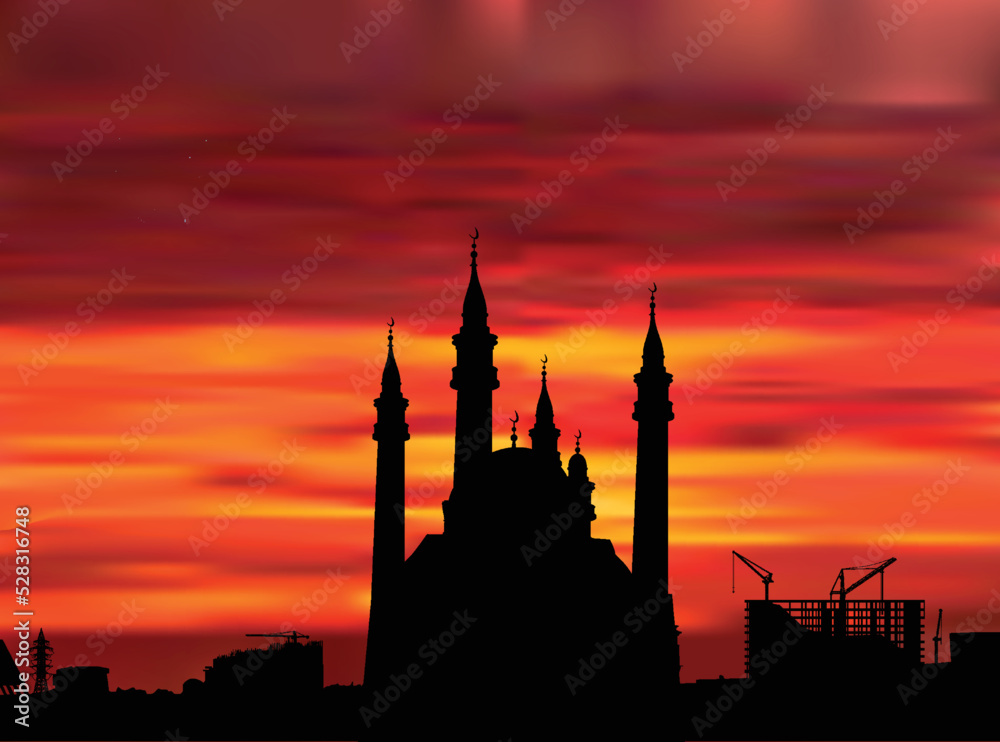 mosque at dark red sunset