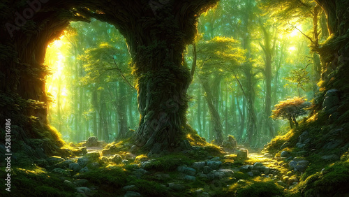 Dense dark fantasy forest, with big trees, green, sunset light. The magical atmosphere of the forest, fairy forest, magic light. 3D illustration © Terablete