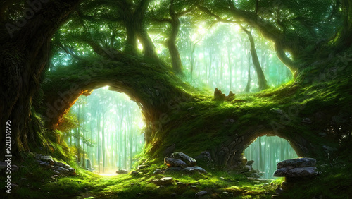 Dense dark fantasy forest, with big trees, green, sunset light. The magical atmosphere of the forest, fairy forest, magic light. 3D illustration