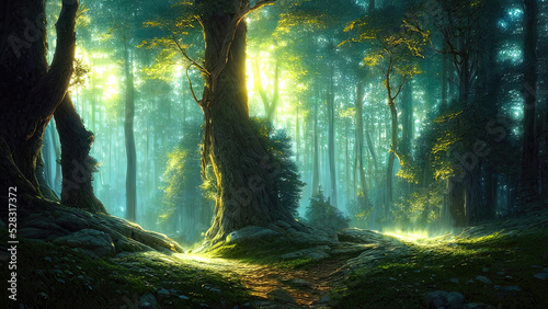 Dense dark fantasy forest  with big trees  green  sunset light. The magical atmosphere of the forest  fairy forest  magic light. 3D illustration