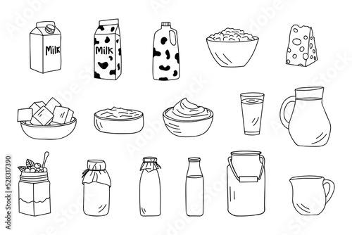 Milk products doodle icon collection. Hand drawn milk products icon set. Dairy products illustrations collection 
