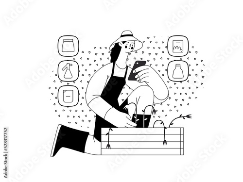 Shop now - Online shopping and electronic commerce series - modern flat vector concept illustration of a woman gardening and shopping online. Promotion, discounts, sale and online orders concept