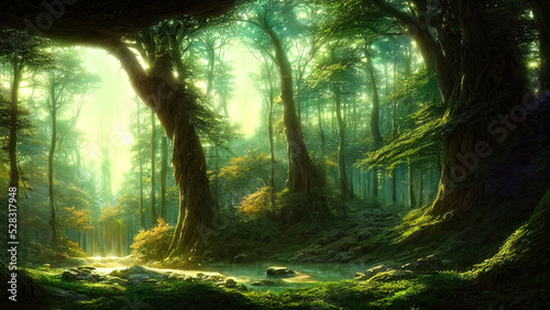 Dense dark fantasy forest  with big trees  green  sunset light. The magical atmosphere of the forest  fairy forest  magic light. 3D illustration