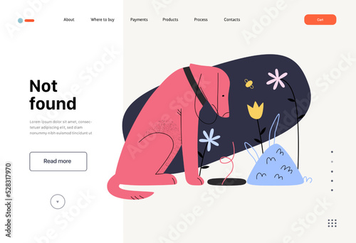 Not found - Online shopping and electronic commerce web template - modern flat vector concept illustration of a dog sitting next to an empty pit. Missing artcile, sale and online orders concept