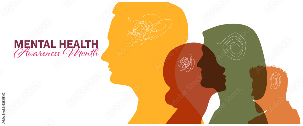 Mental Health Awareness Month banner.  People silhouette head isolated.