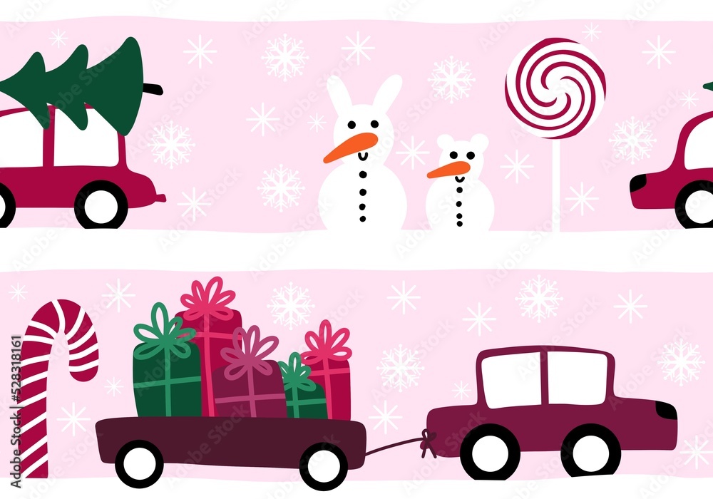 Naklejka premium Cartoon Noel seamless snowman and snowflakes and gifts and Christmas tree pattern for wrapping paper and kids