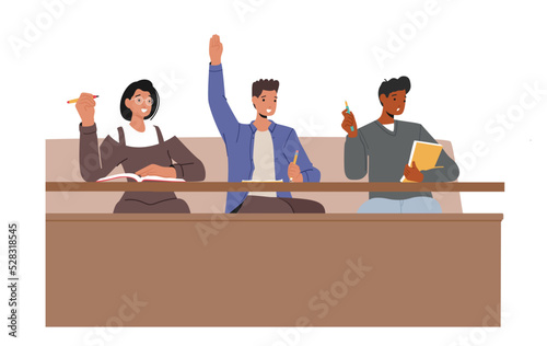 Students Listening Lecture in University Or College Hall, Characters Sitting on Tribune Taking Notes, Asking Questions