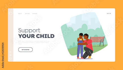 Loving Family Relations Landing Page Template. Father Comforting Crying Child on Street. Dad Embrace and Support Son