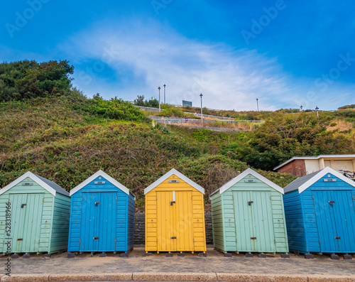 Colourful wooden beach huts at Bournemouth on the South Coast of England UK Europe © Peppygraphics