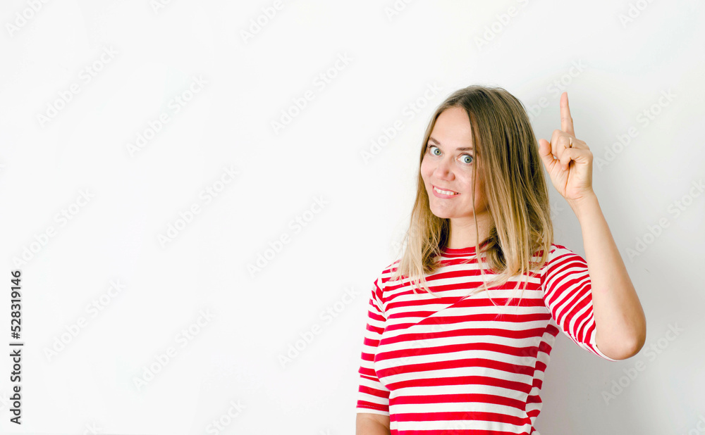 cheerful woman promoter point index finger suggest select adverts promo over white background cheerful woman promoter point index finger suggest select adverts promo over white background