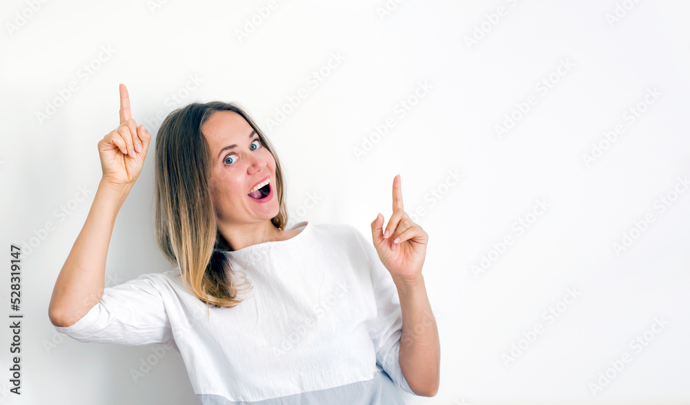 cheerful woman promoter point index finger suggest select adverts promo over white background cheerful woman promoter point index finger suggest select adverts promo over white background