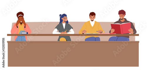 Students Listening Lecture In University Or College Hall, Young People Taking Notes, Reading Texbook, Listening Class