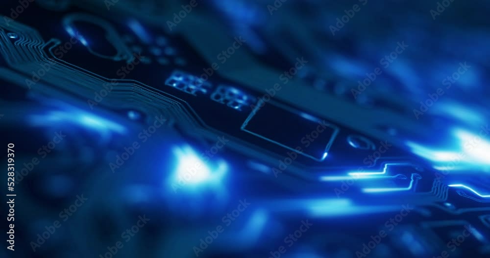 Cybersecurity, circuit board and futuristic software code with 3d light pattern, cyber security design and programming app. Abstract zoom of networking, big data and digital transformation background