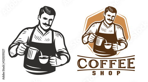 Coffee shop barista logo template. Design template for restaurant or cafe menu. Coffee making logo vector illustration